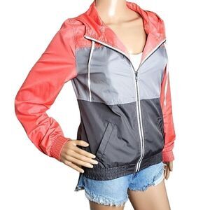 Zine Lightweight Zip Up Windbreaker Hooded Color-block Orange/Grey Jacket